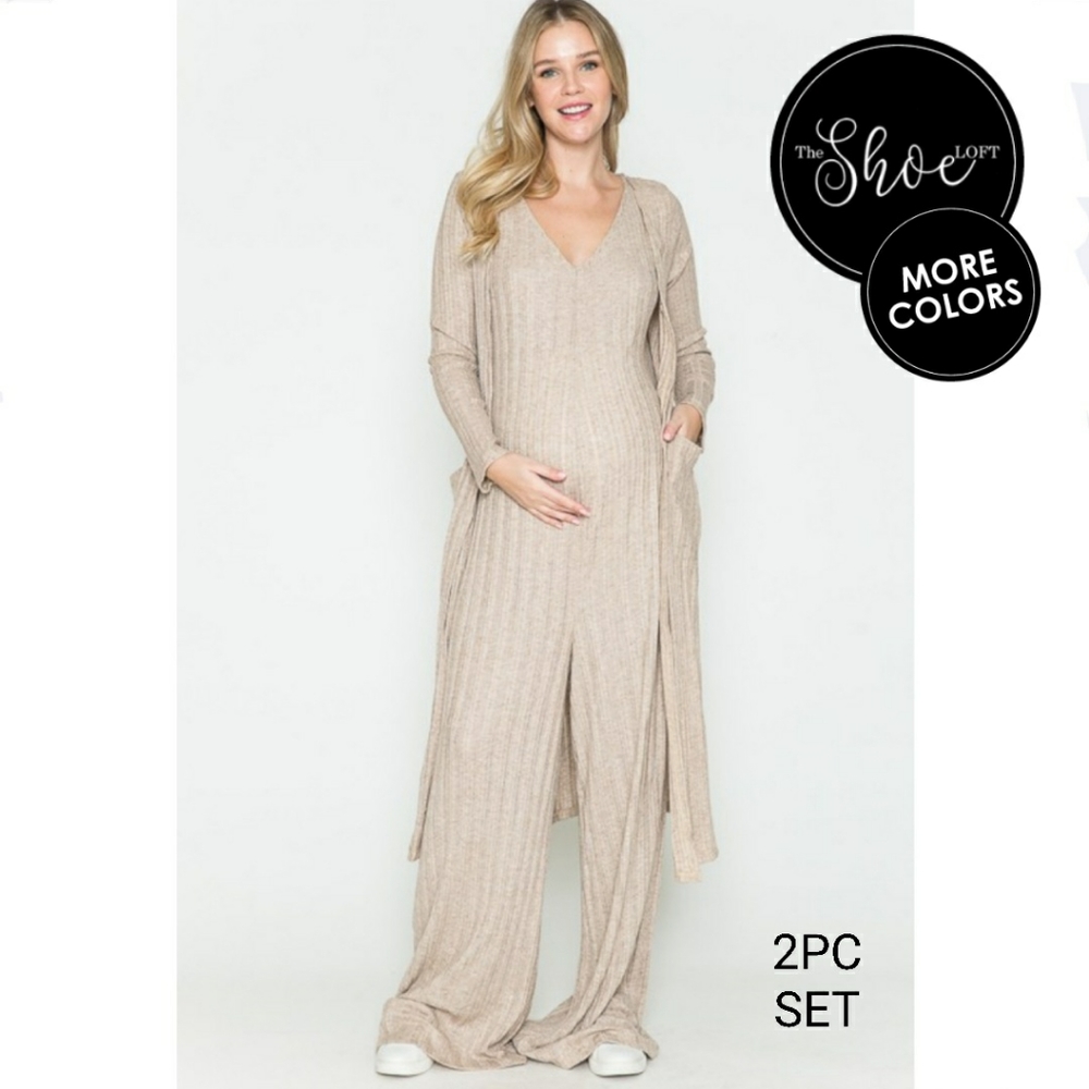 Maternity Ribbed Jumpsuit & Cardigan Set